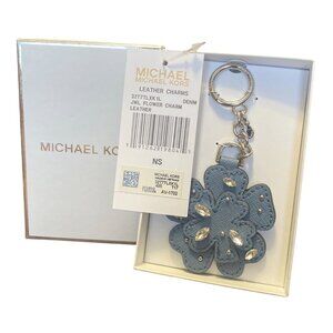 Michael Kors Denim Blue Leather Flower Charm Keychain Keyfob New in Box NIB Tags
